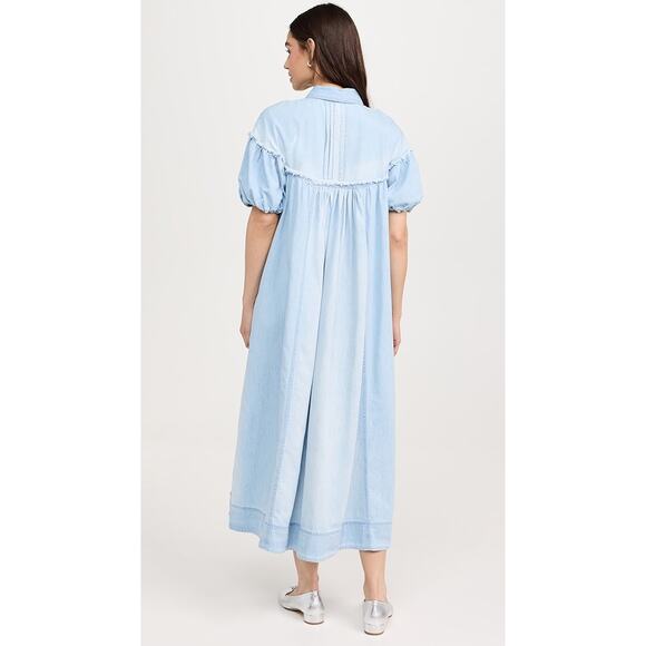 Free People Dress Women's Medium Blue On The Road Puff Sleeve Maxi Shirt Dress - Picture 2 of 9